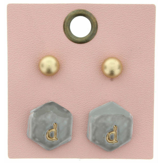 Gold Studs & Grey Stamped Initial "D" Hexagon Earring