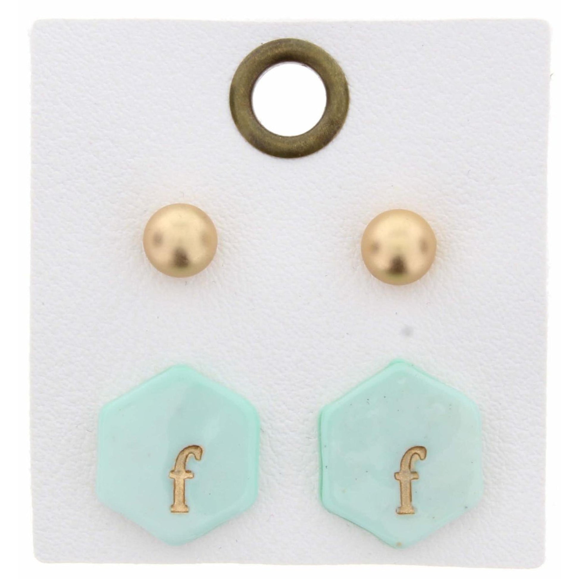 Gold Studs & Mint Stamped Initial "F" Hexagon Earring