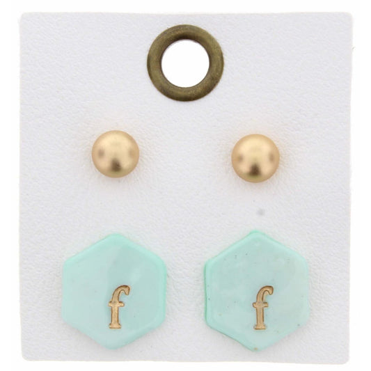 Gold Studs & Mint Stamped Initial "F" Hexagon Earring