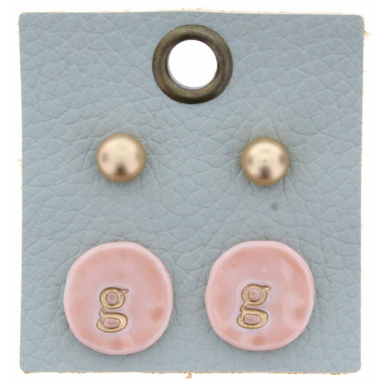 Gold Studs & Light Pink Stamped Initial "G" Disk Earring