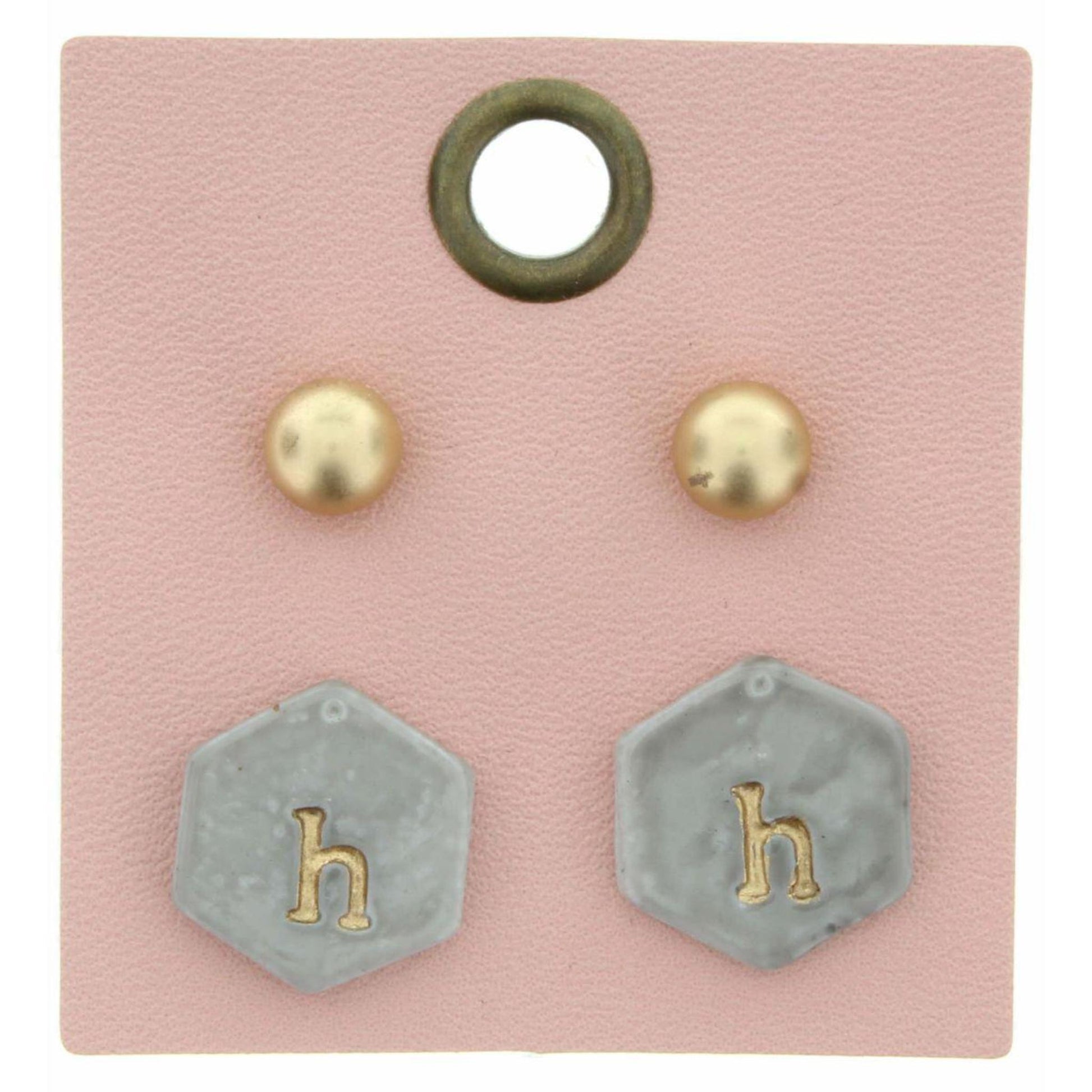 Gold Studs & Grey Stamped Initial "H" Hexagon Earring