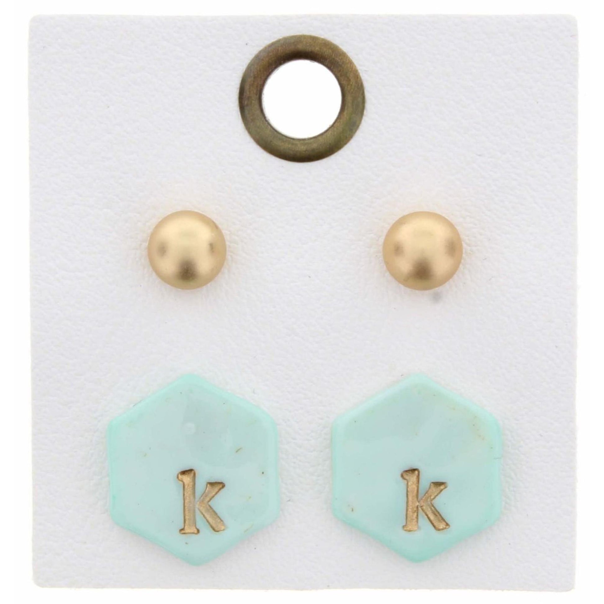 Gold Studs & Mint Stamped Initial "K" Hexagon Earring