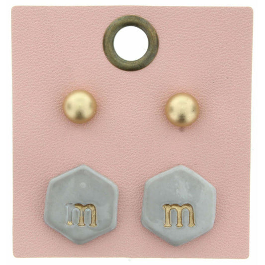 Gold Studs & Grey Stamped Initial "M" Hexagon Earring
