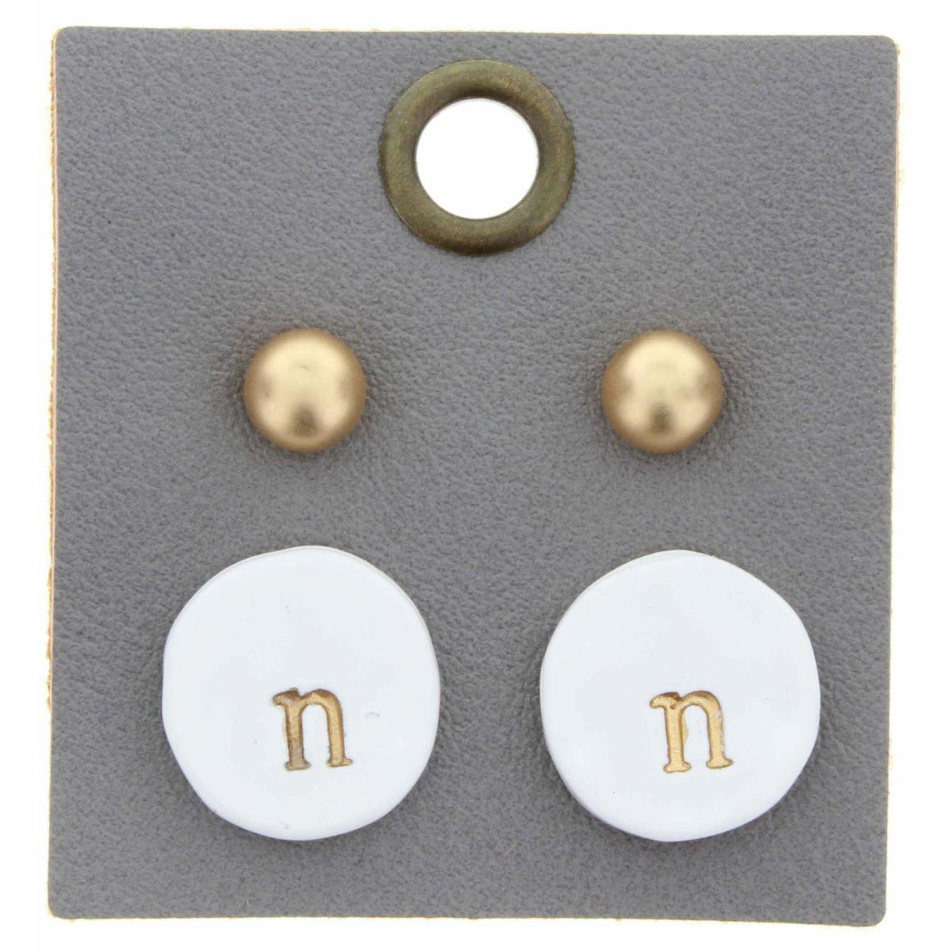 Gold Studs & White Stamped Initial "N" Disk Earring
