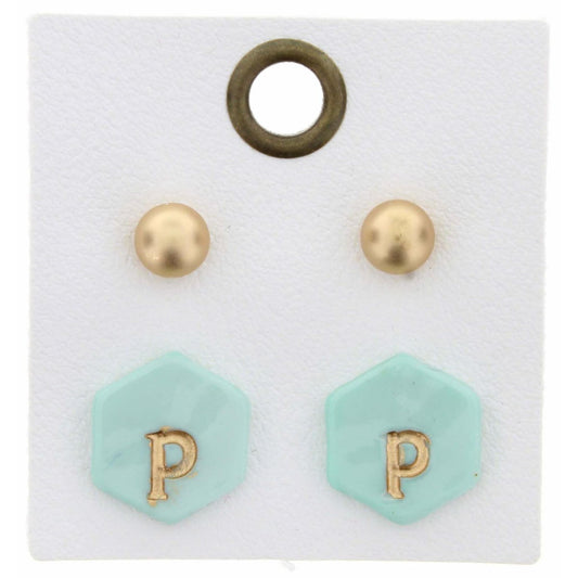 Gold Studs & Mint Stamped Initial "P" Hexagon Earring