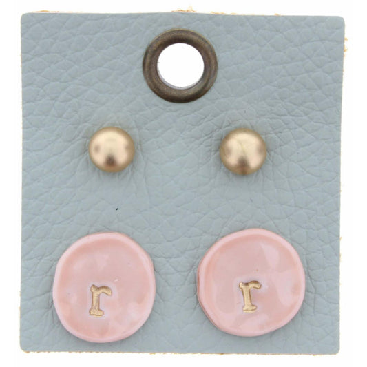 Gold Studs & Light Pink Stamped Initial "R" Disk Earring
