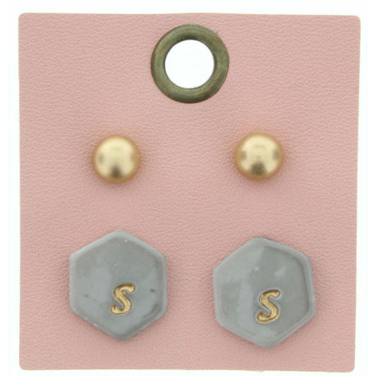 Gold Studs & Grey Stamped Initial "S" Hexagon Earring