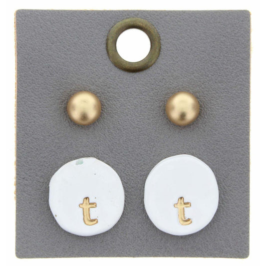 Gold Studs & White Stamped Initial "T" Disk Earring