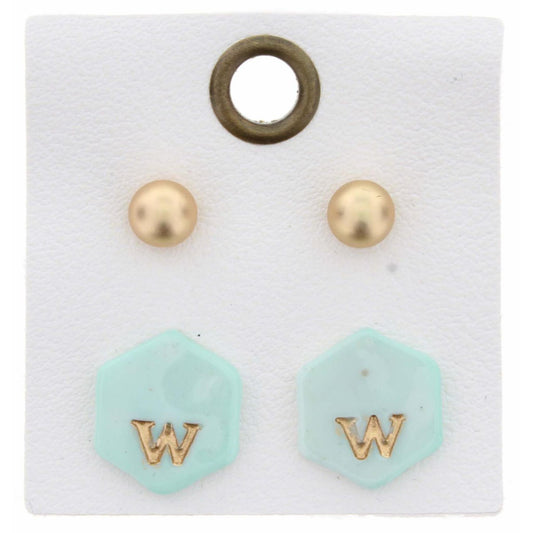Gold Studs & Mint Stamped Initial "W" Hexagon Earring