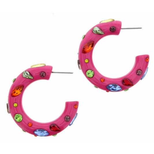 Pink Hoop with Rainbow Czech Embellishments Earring