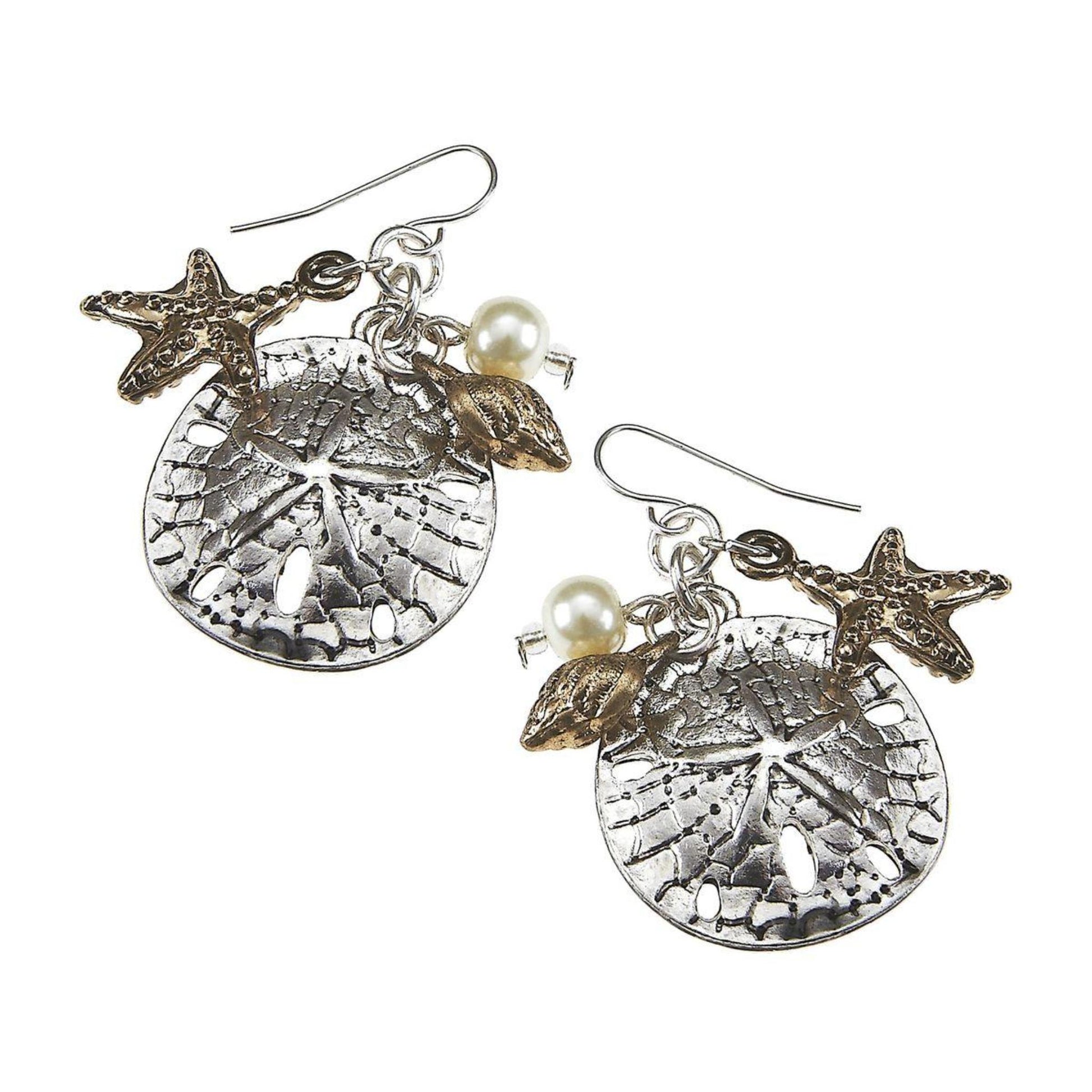 Antique Silver Sand Dollar and Ivory Pearl Cluster Earring