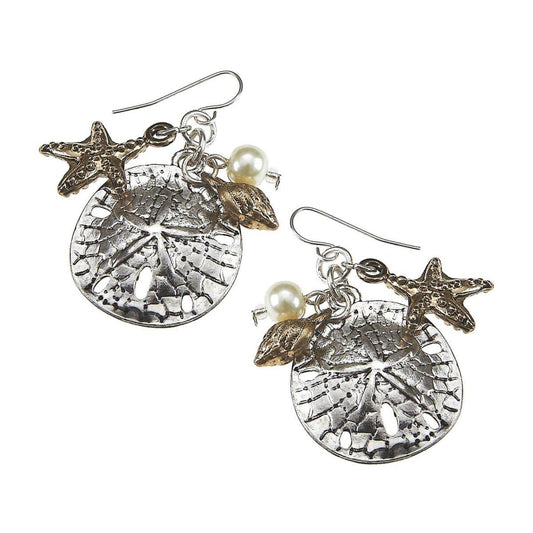 Antique Silver Sand Dollar and Ivory Pearl Cluster Earring