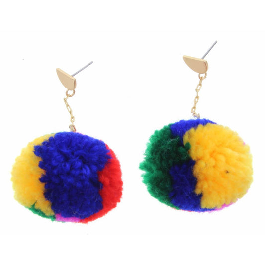 Gold Half Circle Post with Multi Color Pom Dangle Earring