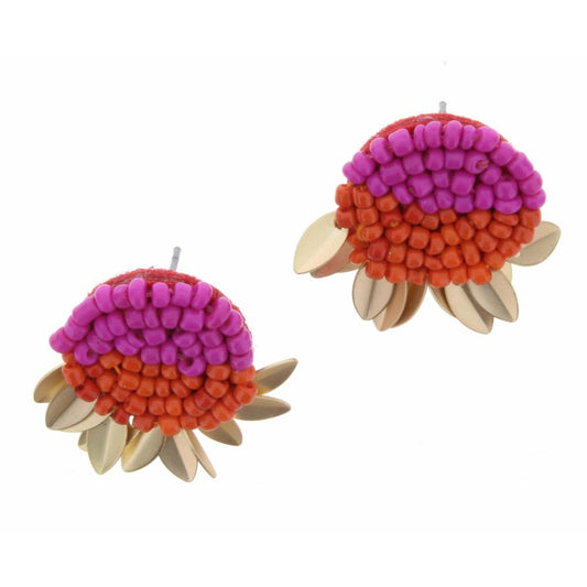 Pink and Orange Seed Beed Circle with Gold Accents Earring