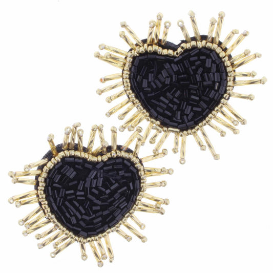 Jet & Gold Beaded Heart Earring
