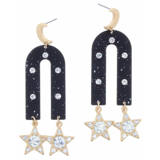 Gold Moon, Jet Arch with Crystal Accents, Crystal Star Dangles Earring