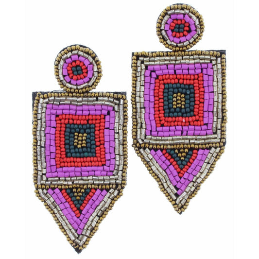 Pink, Gold, Dark Teal, Red Beaded Circle, Square & Triangle Earring