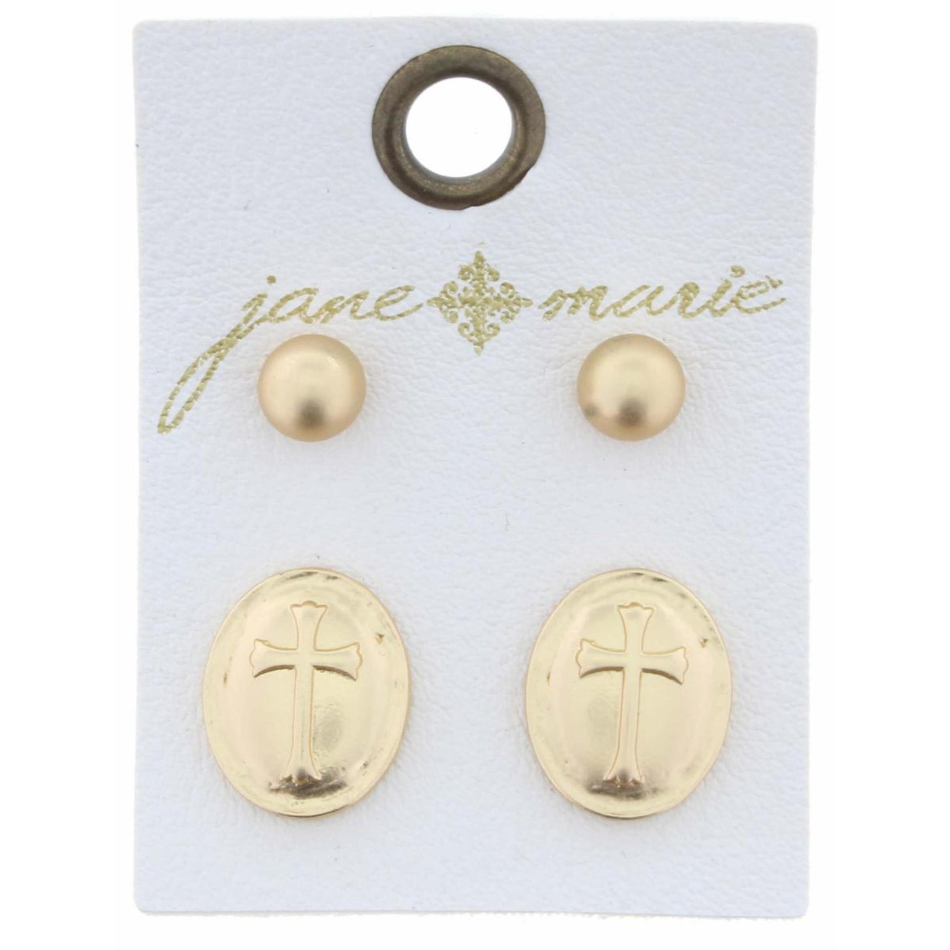 Set of 2, Gold Ball & Cross Oval Earring