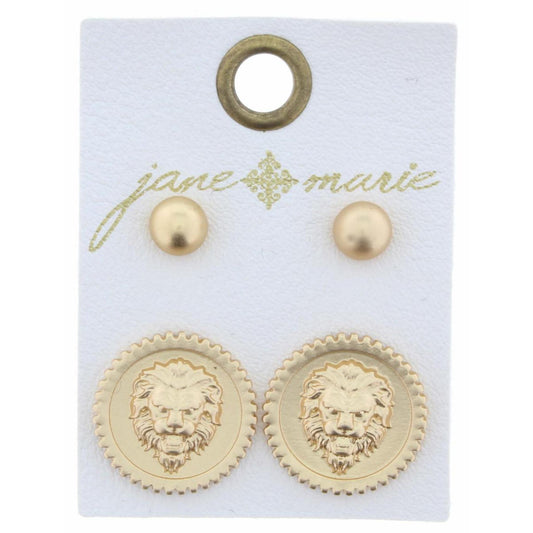 Set of 2, Gold Ball & Lion Circle Earring