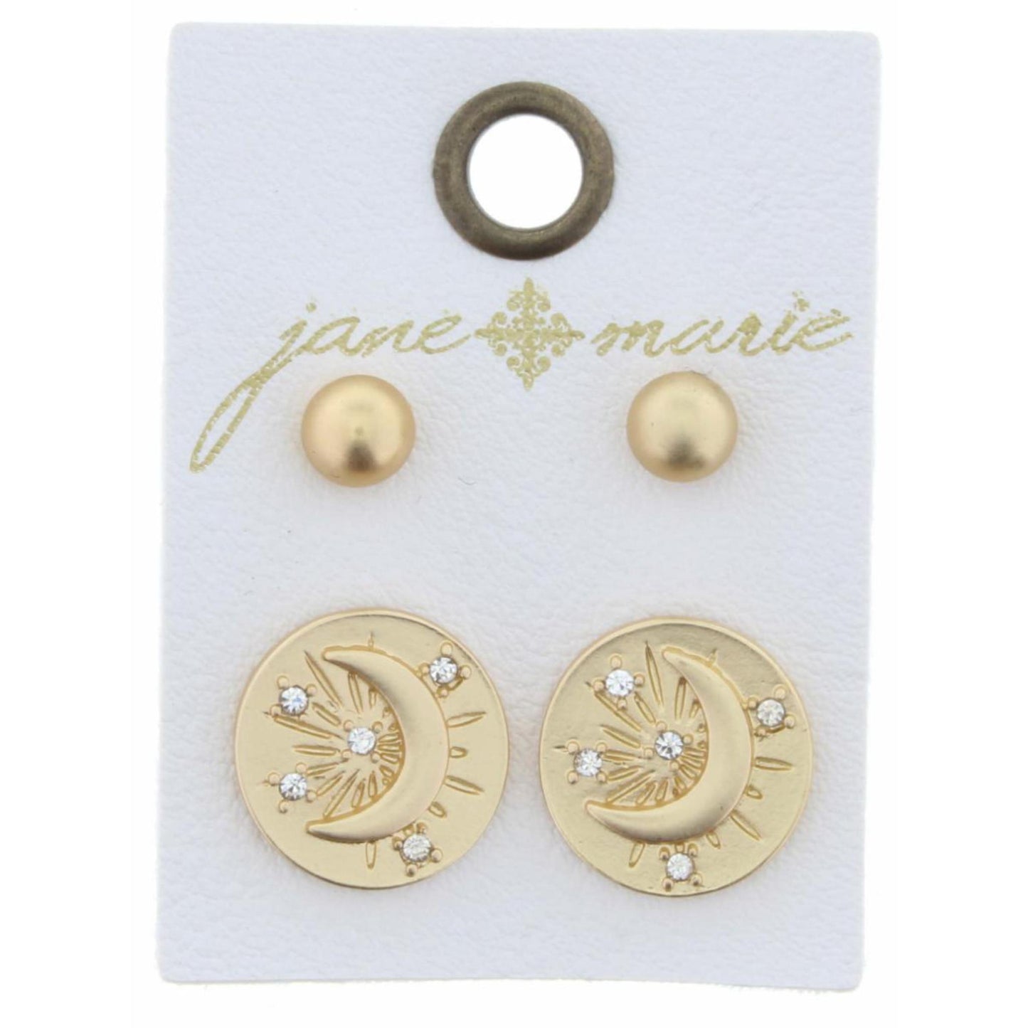 Set of 2, Gold Ball & Moon with Crystal Accents Circle Earring