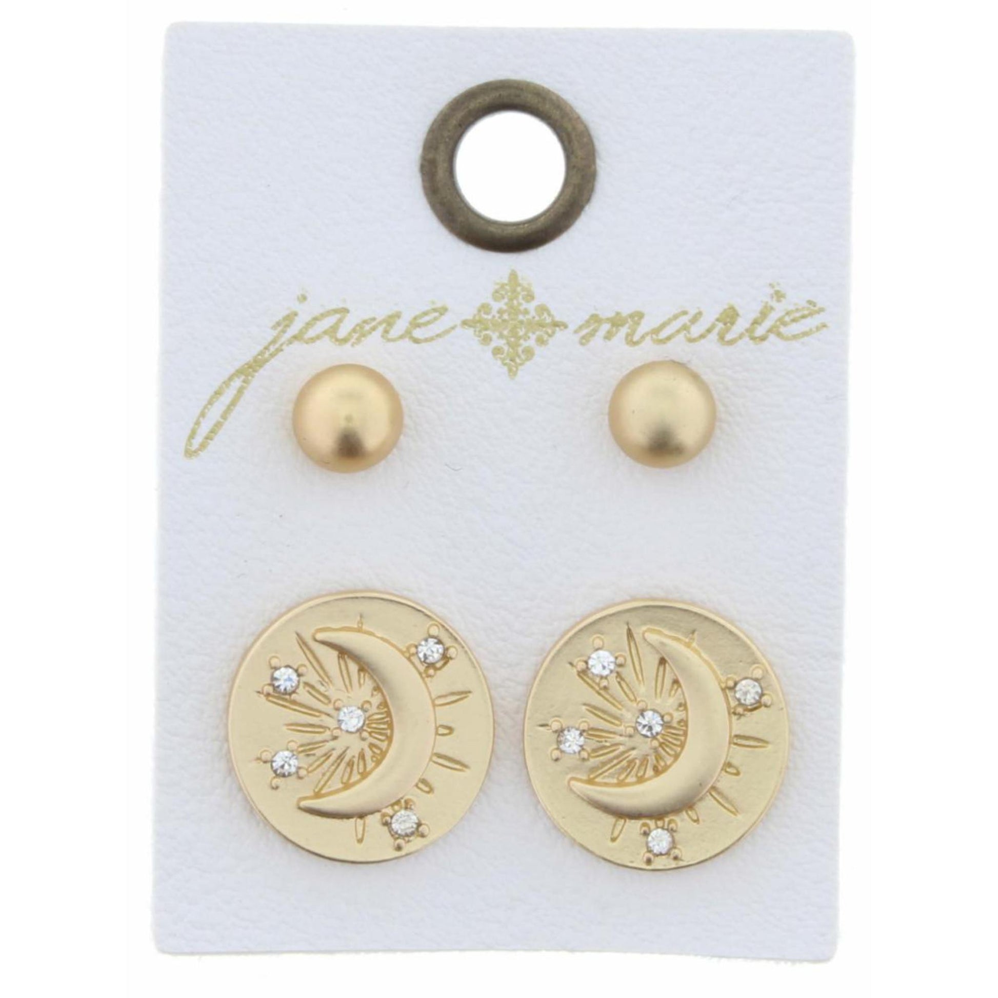 Set of 2, Gold Ball & Moon with Crystal Accents Circle Earring