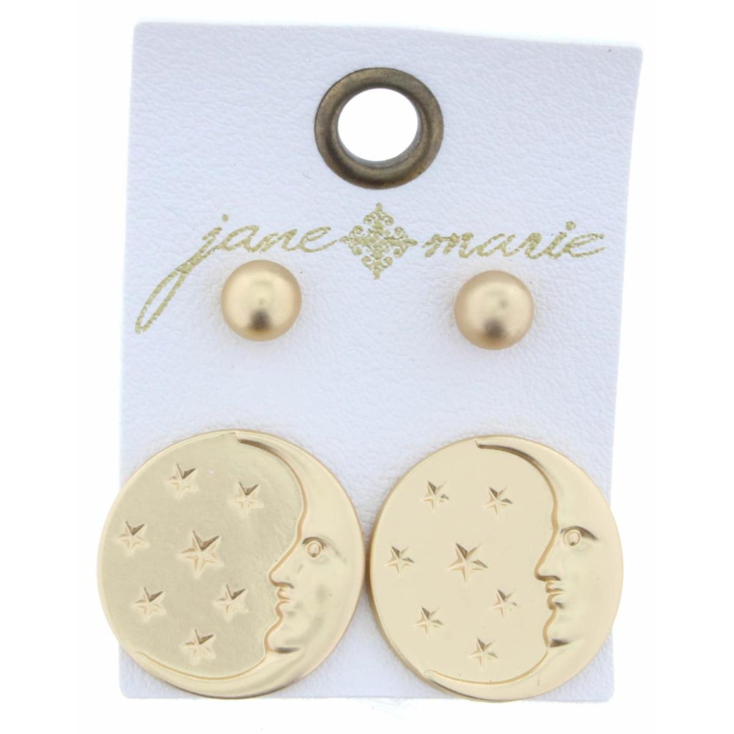 Set of 2 Gold Ball & Moon with Stars Circle Earring