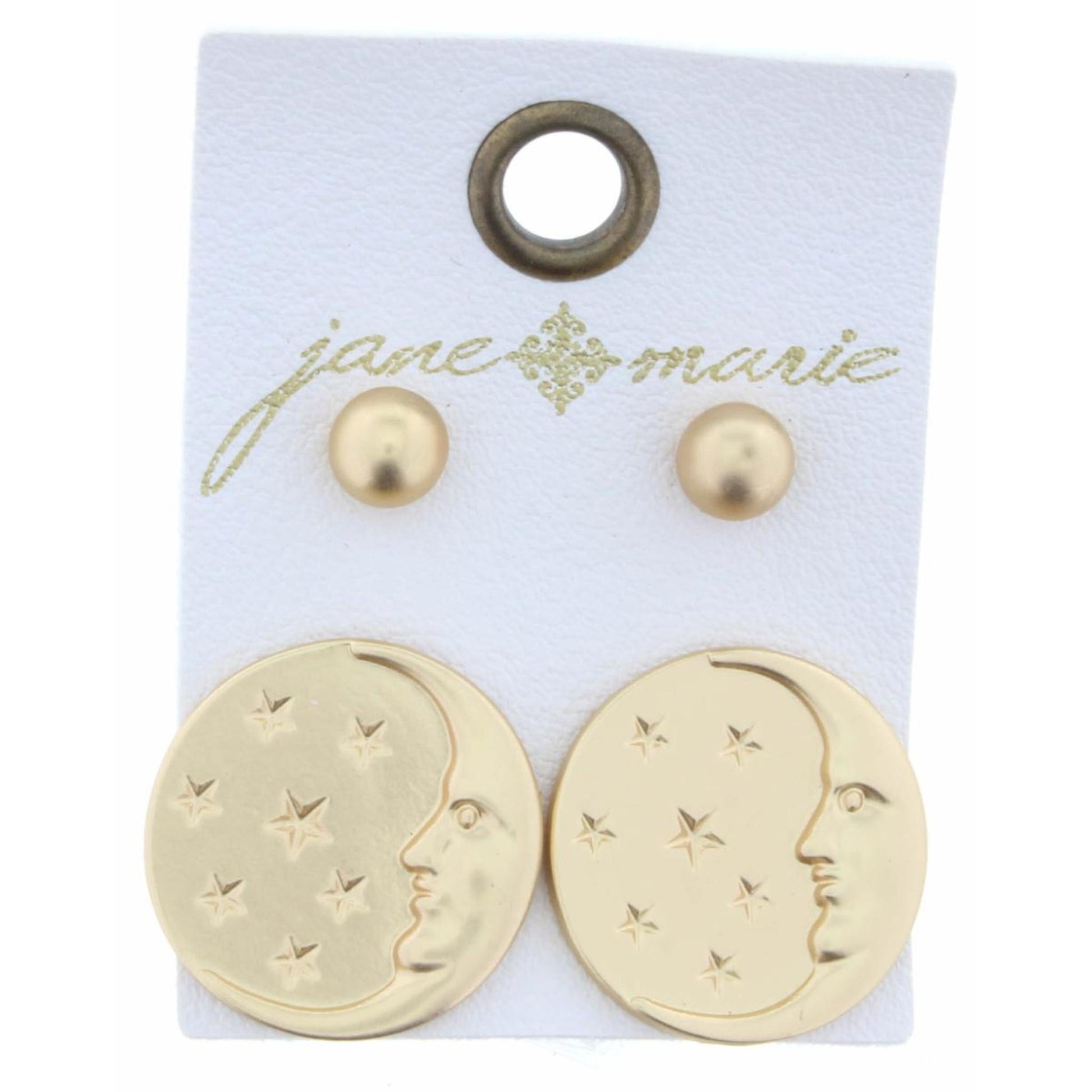 Set of 2 Gold Ball & Moon with Stars Circle Earring