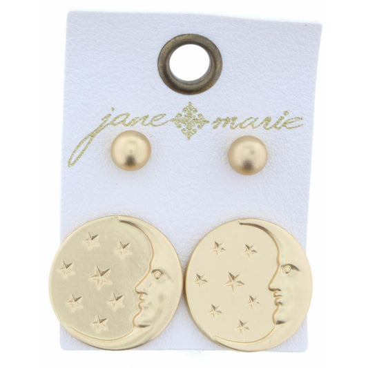 Set of 2 Gold Ball & Moon with Stars Circle Earring