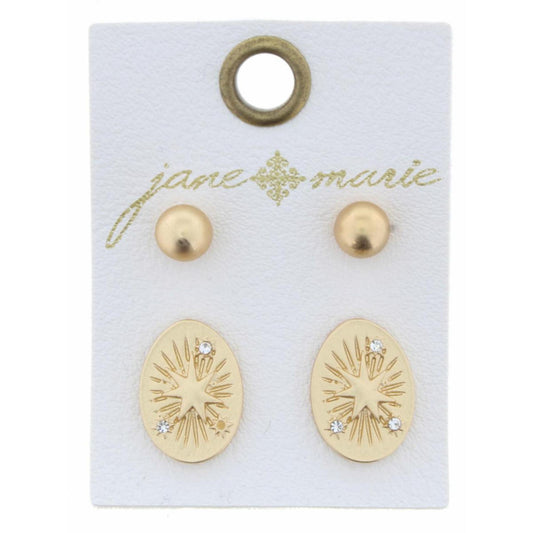 Set of 2, Gold Ball & Star with Crystal Accents Oval Earring