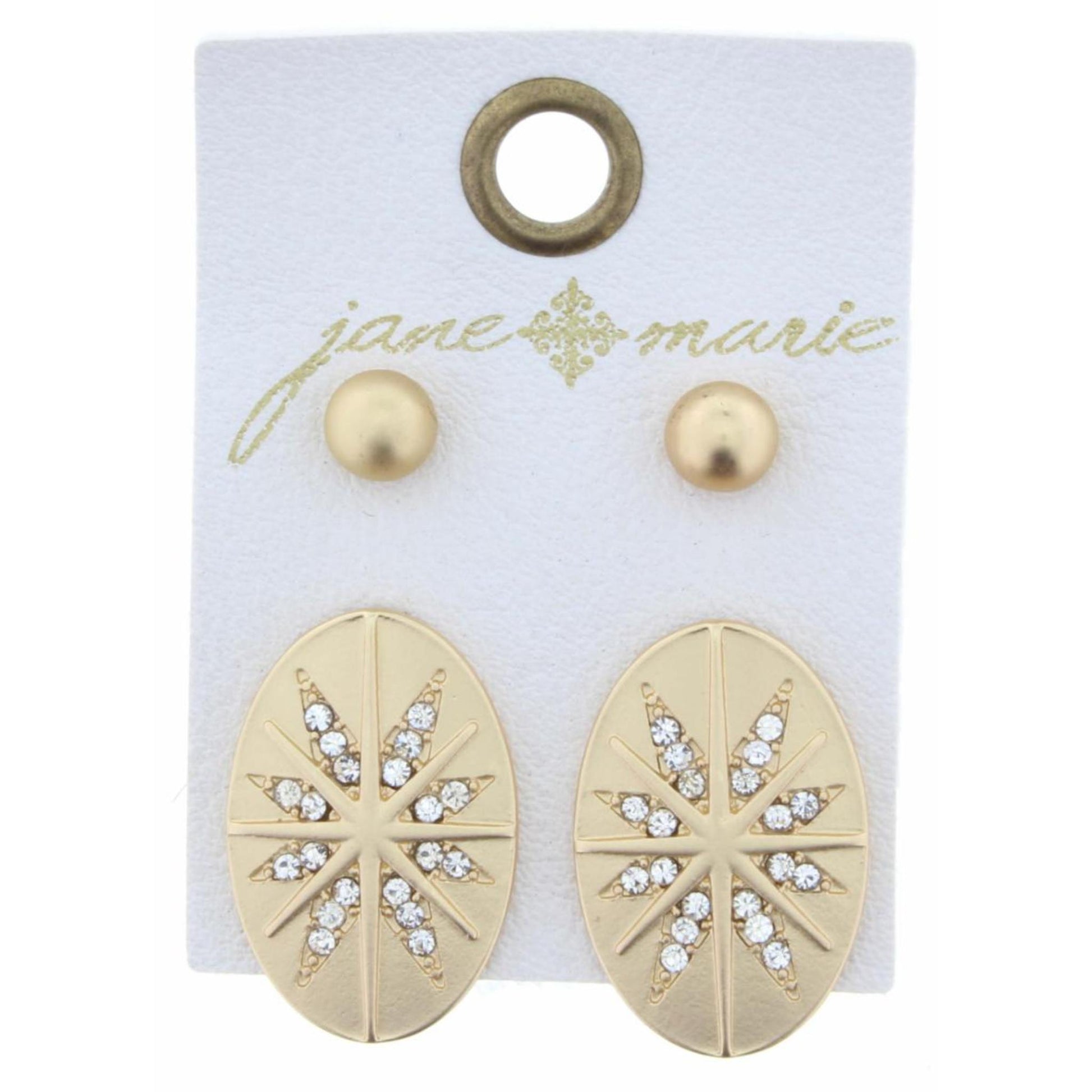 Set of 2, Gold Ball & Large Starburst with Crystal Accents Oval Earring