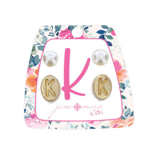 Kids Gold "K" Initial with Pearl Stud Earring