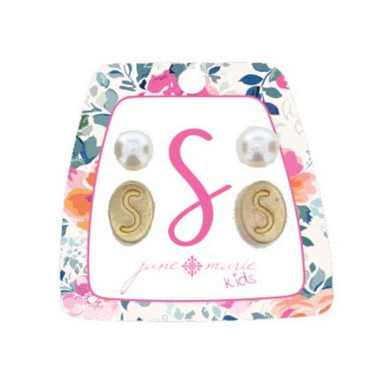 Kids Gold "S" Initial with Pearl Stud Earring