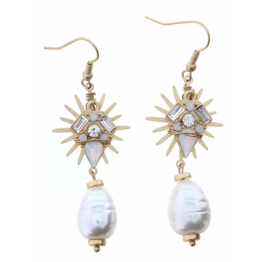 Crystal Diamond Shape with Gold Points and Pearl Drop Earring