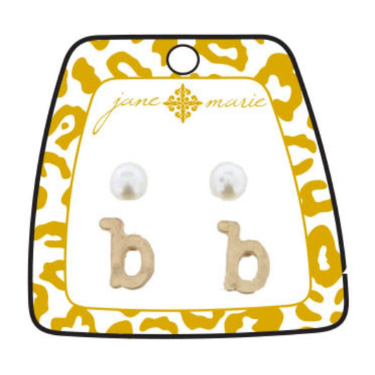 Gold "B" Block Initial with Pearl Stud Earring