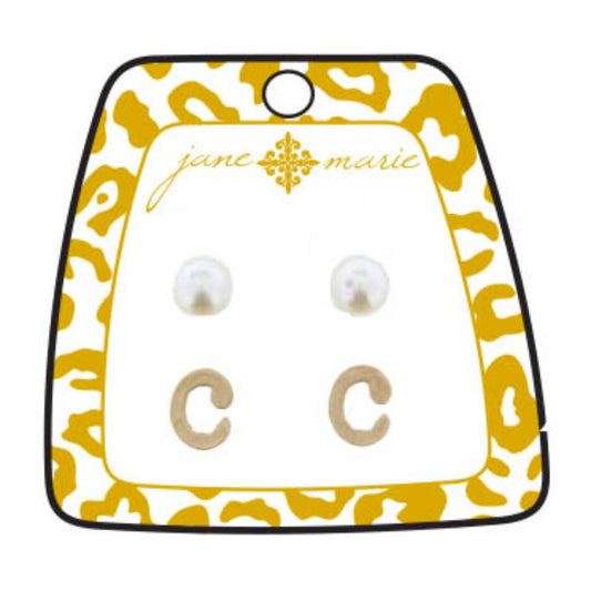 Gold "C" Block Initial with Pearl Stud Earring