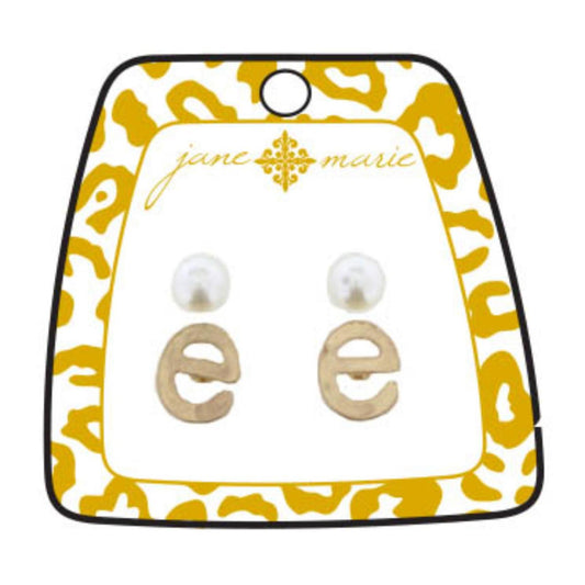 Gold "E" Block Initial with Pearl Stud Earring