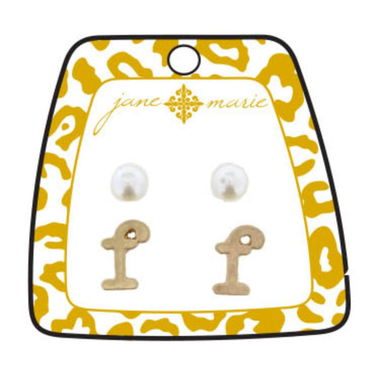 Gold "F" Block Initial with Pearl Stud Earring