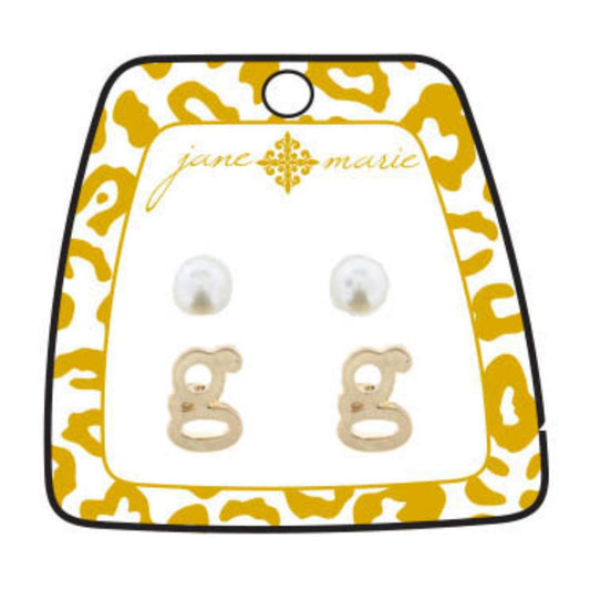 Gold "G" Block Initial with Pearl Stud Earring
