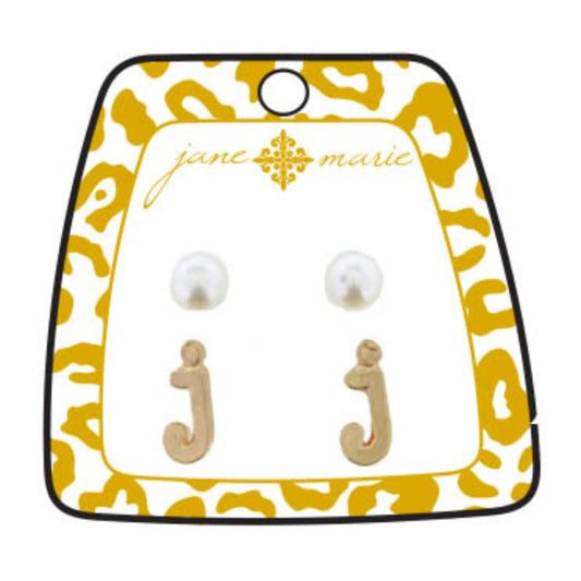 Gold "J" Block Initial with Pearl Stud Earring
