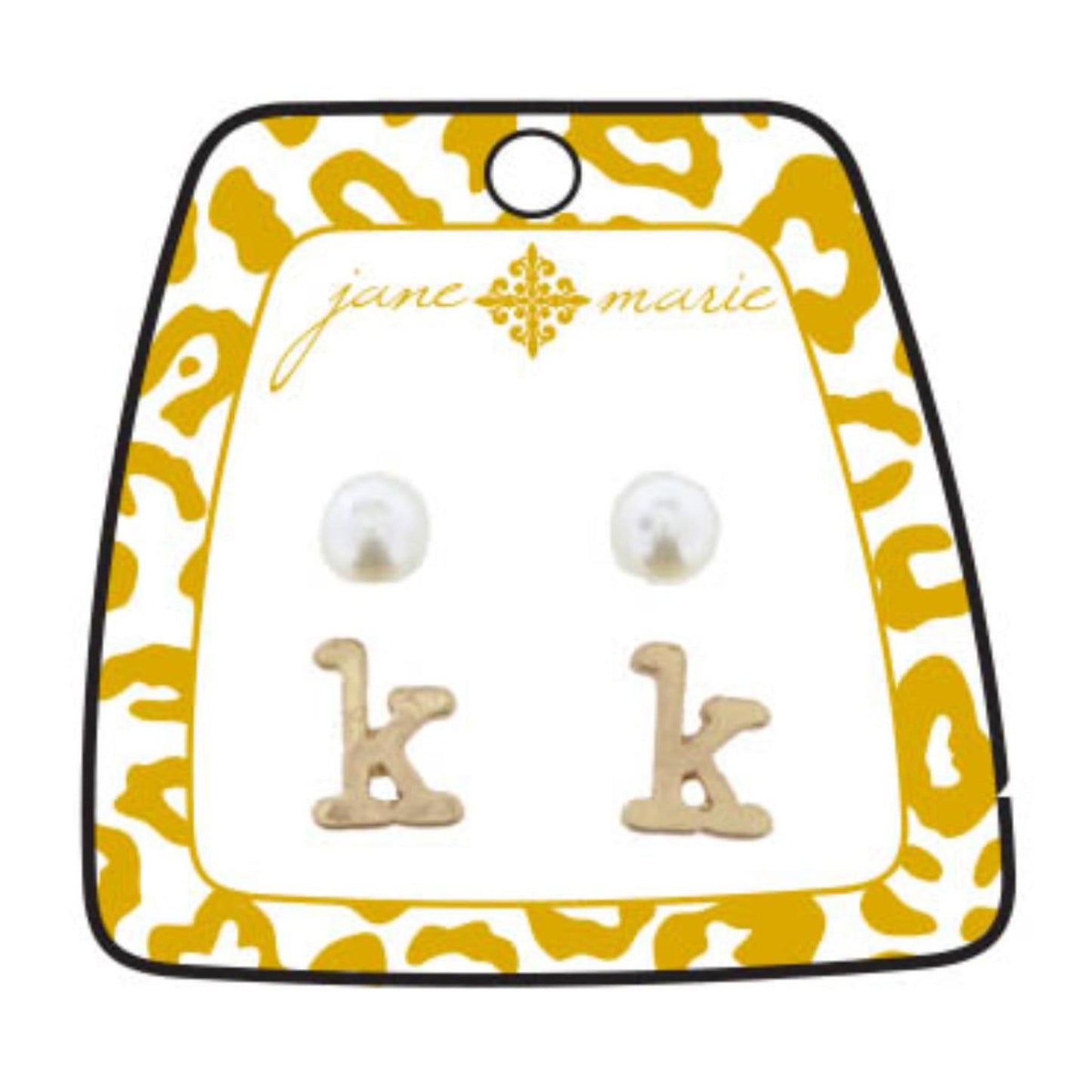 Gold "K" Block Initial with Pearl Stud Earring