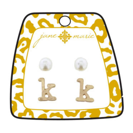 Gold "K" Block Initial with Pearl Stud Earring