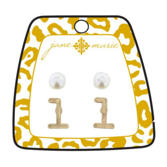 Gold "L" Block Initial with Pearl Stud Earring