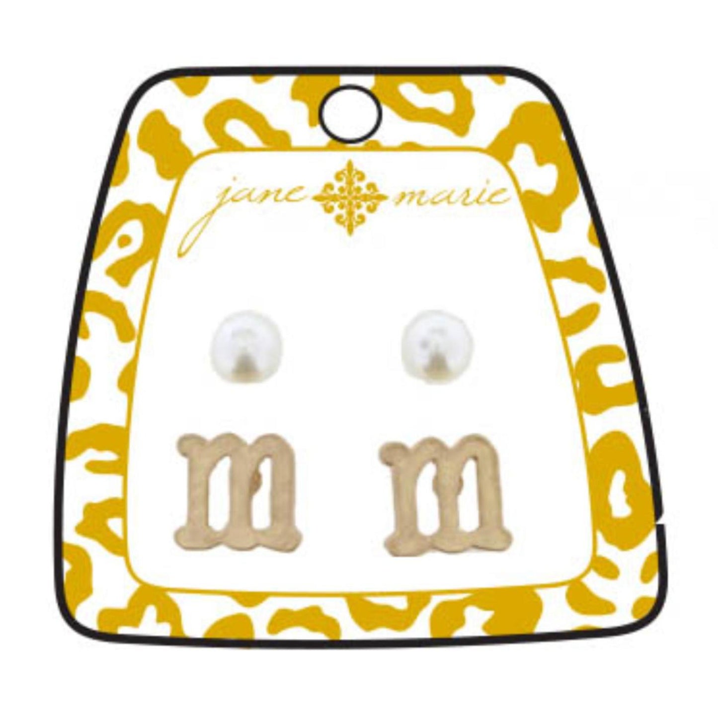 Gold "M" Block Initial with Pearl Stud Earring
