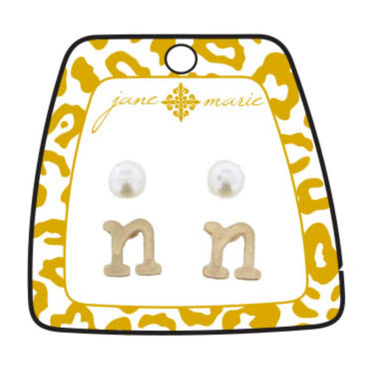 Gold "N" Block Initial with Pearl Stud Earring
