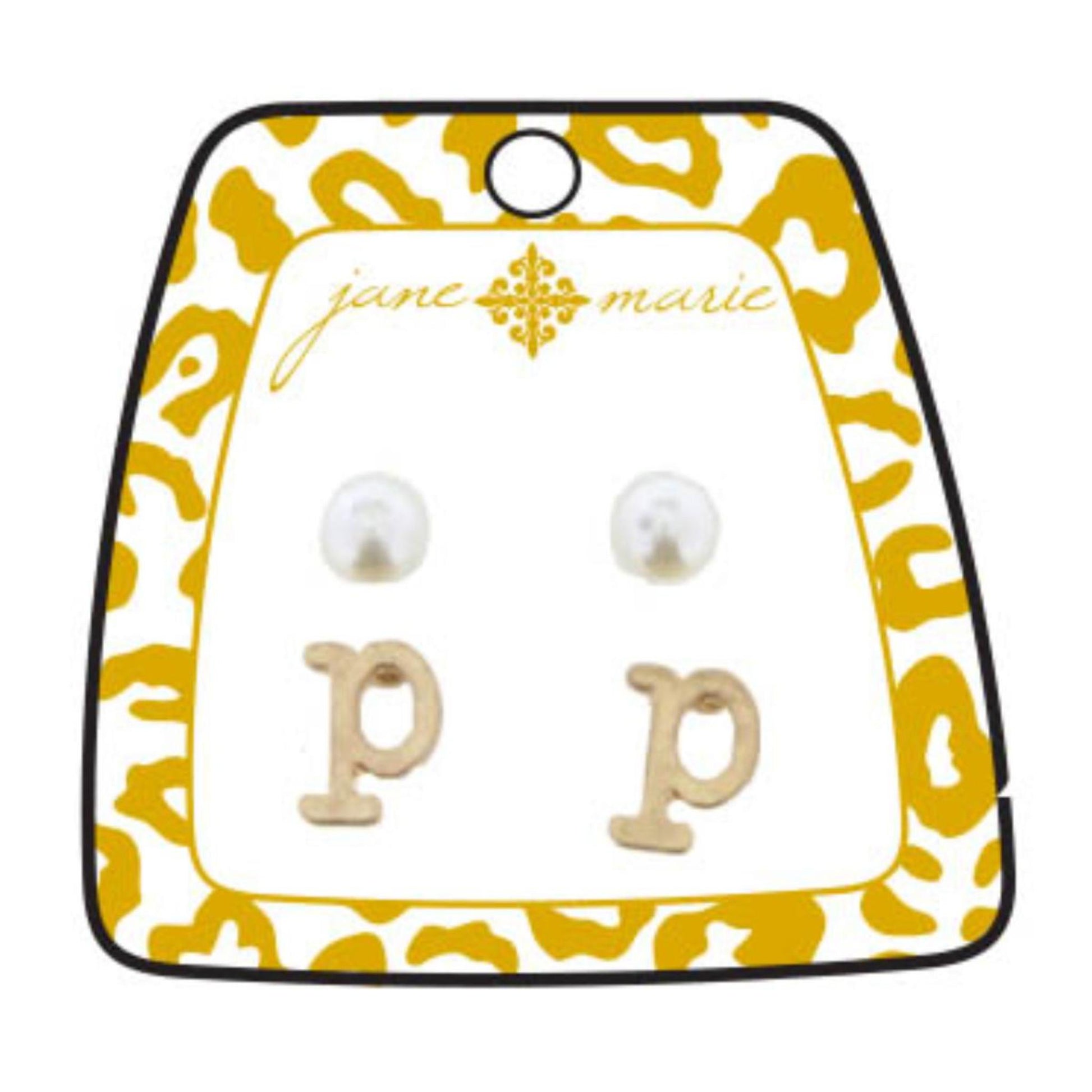 Gold "P" Block Initial with Pearl Stud Earring