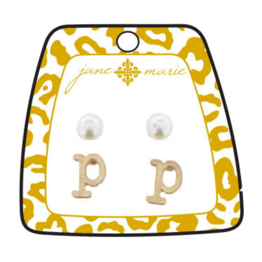 Gold "P" Block Initial with Pearl Stud Earring