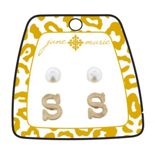 Gold "S" Block Initial with Pearl Stud Earring