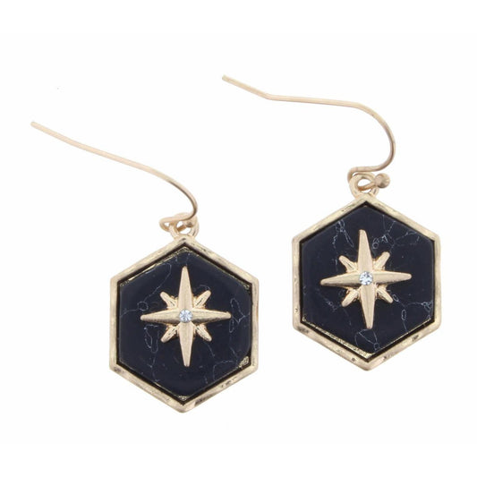 Hexagon Jet Howlite Stone with Gold Starburst Earring