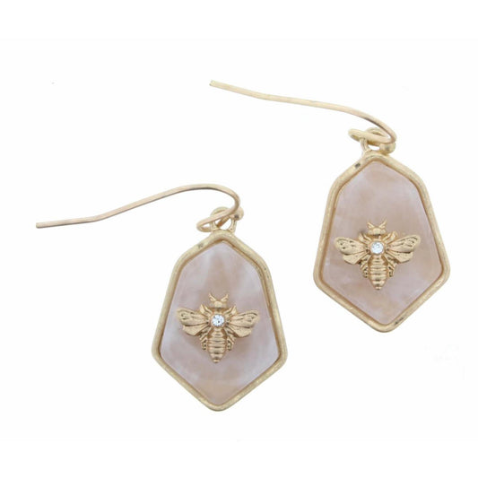 Hexagon Rose Quartz Stone with Gold Bee Earring