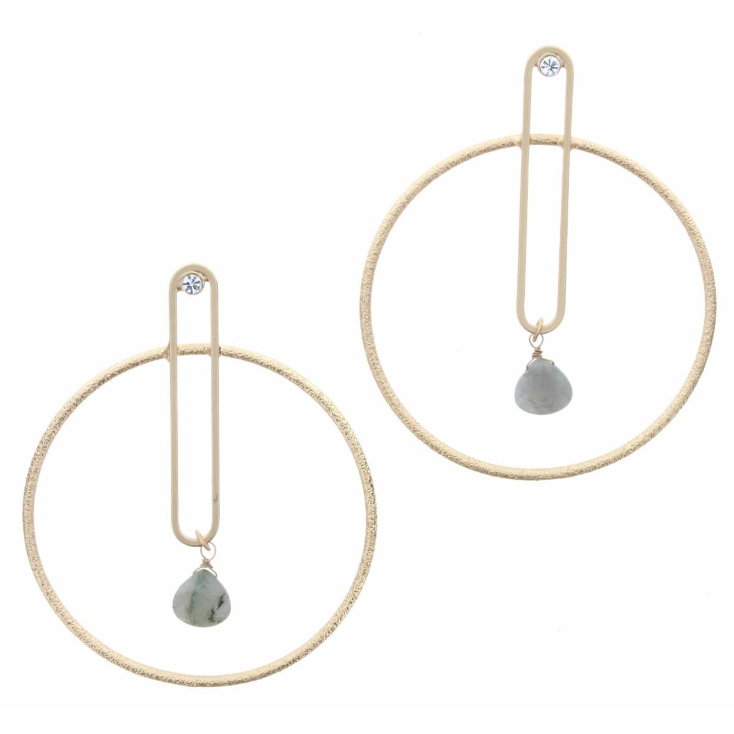 Gold Circular Rectangle with Clear Crystal & Labrodite Drop Inside Circle Earring